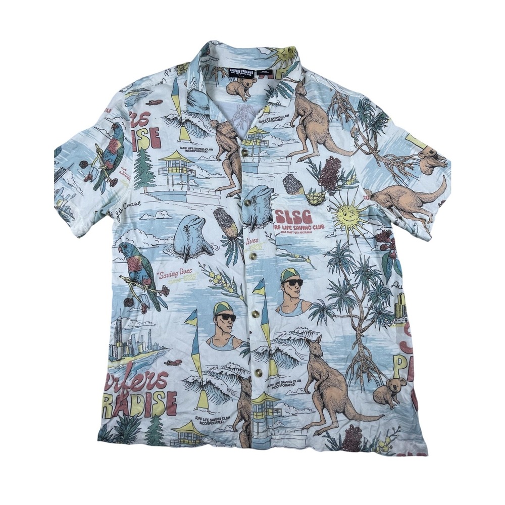 Surfers Paradise Button Down Mens M Blue SLSG Australia Kangaroo Koala Shirt